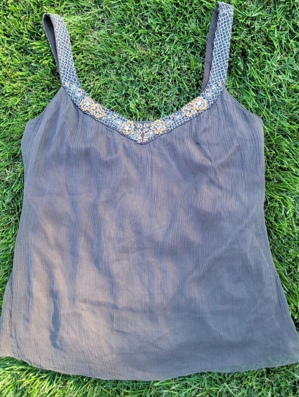 Elie Tahari 100% Silk Tank Top Chiffon Beaded Neckline & Straps Womens Large